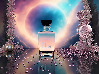 Dior Perfume Bottle Surrounded By Pink Flowers And Cosmic Background 3d model