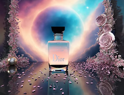 Dior Perfume Bottle Surrounded By Pink Flowers And Cosmic Background 3d model