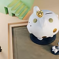 Decorative Ornament Set With Green House White Pink Piggy Banks Gold Spots And Small Figures