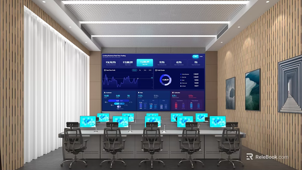 Modern Monitoring Room Interior With Large Data Screen Multiple Computers Office Chairs And Wooden Walls 3d model 