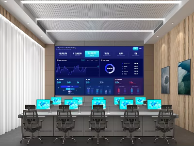 Modern Monitoring Room Interior With Large Data Screen Multiple Computers Office Chairs And Wooden Walls 3d model