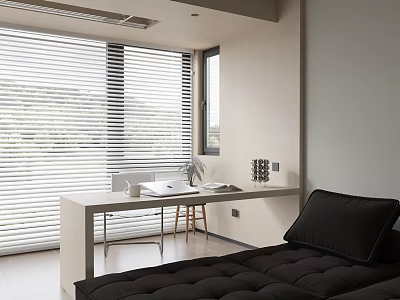 Bright Study Room With Window Blinds White Desk Laptop Books And Black Sofa Bed 3d model
