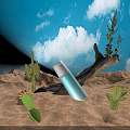Beautiful Sunny Desert Landscape With Green Cacti Driftwood Rocks And Clear Bright Cloud Dotted Sky
