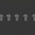Five Black Traffic Lights Arranged in Row With Circular Lamp Holes and Gray Reflective Background