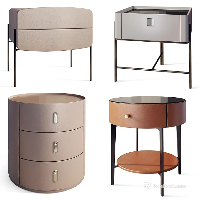 Modern Bedside Tables With Leather Drawers Metal Frames And Round Tops 3d model 