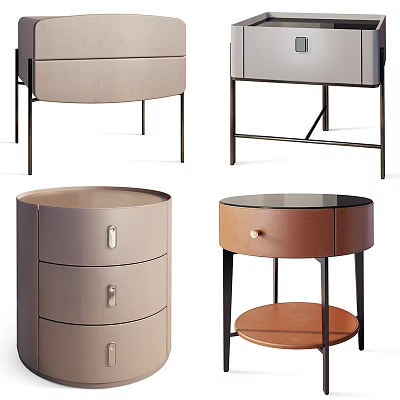 Modern Bedside Tables With Leather Drawers Metal Frames And Round Tops 3d model