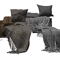 Soft Decorative Pillows In Brown Gray With Houndstooth Pattern And Fringed Blankets For Home
