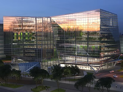 Modern Glass Facade Office Building With Greenery Sunset Reflections And Surrounding Trees 3d model