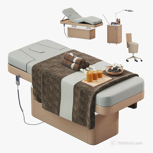 Massage Table With Towels Drinks And Wooden Elements 3d model