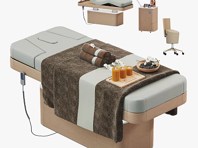 Massage Table With Towels Drinks And Wooden Elements 3d model