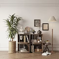 Modern Wooden Dresser Featuring Books Decorative Items Framed Art and Palm Plant