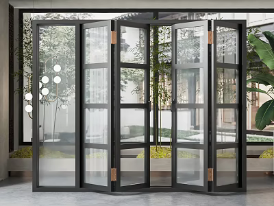 Modern Folding Glass Doors With Black Frames And Garden View For Interior Design 3d model