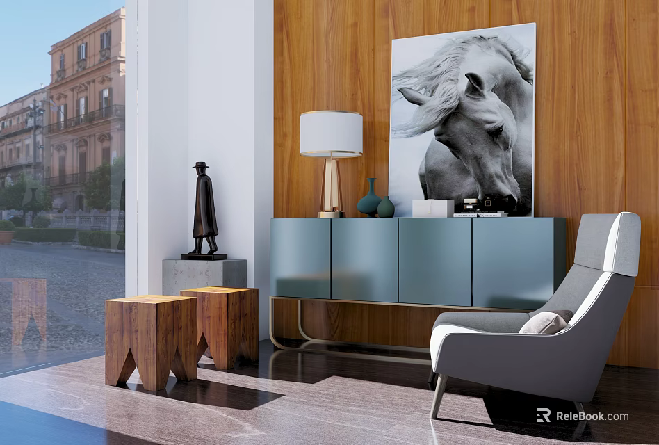 Modern Entryway Console Cabinet with Side Cabinet Table Lamp Decorative Vases and Wall Painting 3d model 