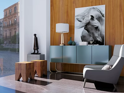 Modern Entryway Console Cabinet with Side Cabinet Table Lamp Decorative Vases and Wall Painting 3d model