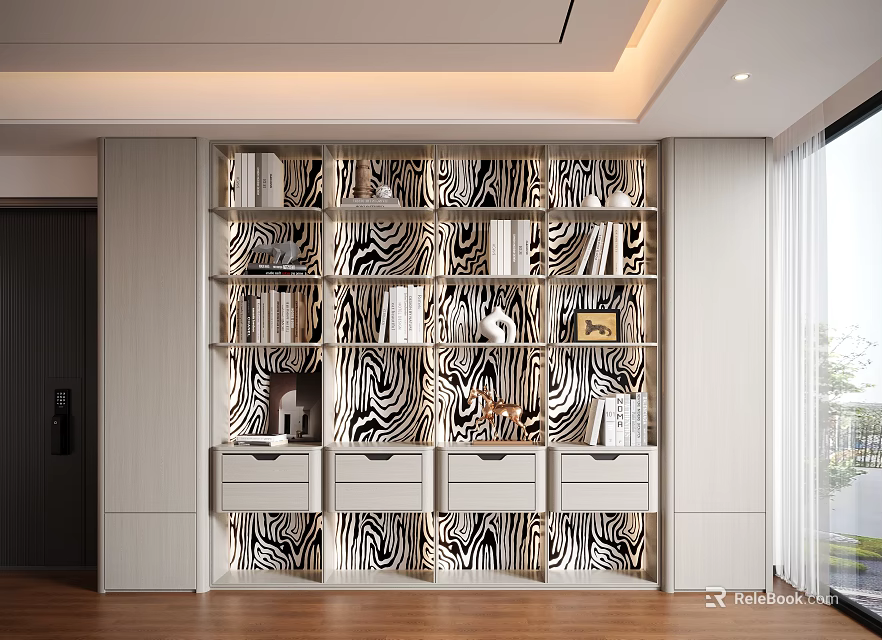 Modern Decorative Cabinet with Black and White Pattern Shelves and Drawers in Living Room Interior 3d model 