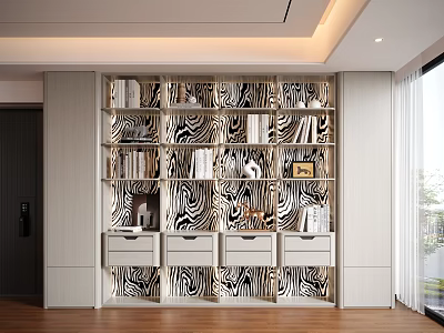 Modern Decorative Cabinet with Black and White Pattern Shelves and Drawers in Living Room Interior 3d model