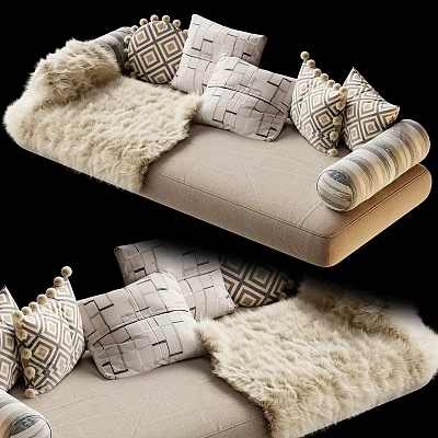 Cozy Beige Sofa Bench With Geometric Pattern Pillows And Fur Blanket 3d model