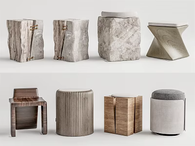 Various Modern Stools Featuring Wooden Stone And Textured Materials In Unique Designs 3d model