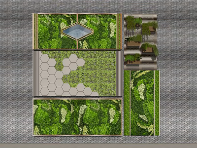 Modern Vertical Green Wall Design With Hexagonal Paving Green Plants And Water Feature 3d model