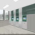 Modern Spacious Service Hall Interior Design With Service Counters Waiting Area And Digital Screens