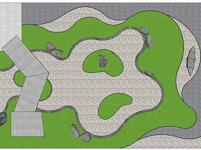 Garden Landscape Design With Lush Green Lawn Areas Winding Stone Paved Paths And Scattered Stones 3d model