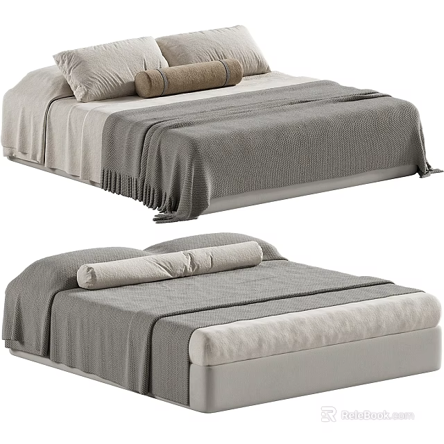 Modern Double Bed with Soft Linen Bedding Gray Blanket and Beige Pillows 3d model 
