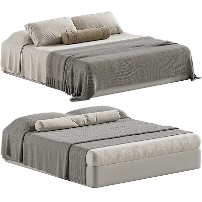 Modern Double Bed with Soft Linen Bedding Gray Blanket and Beige Pillows 3d model