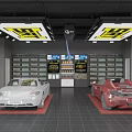 Automotive Service Shop Interior With White Red Sports Cars Display Shelves And Ceiling Lights
