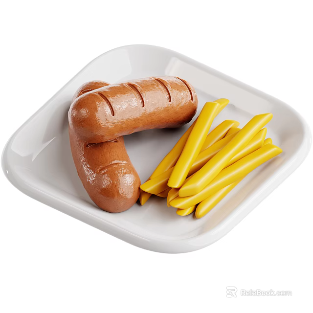 Delicious Grilled Sausages With Crispy Yellow Fries On White Plate 3d model 