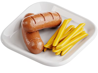 Delicious Grilled Sausages With Crispy Yellow Fries On White Plate 3d model