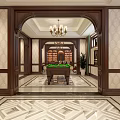 Elegant Traditional Lounge Interior With Wooden Bookshelves Wine Cabinet Chandelier Armchair And Geometric Floor Tiles