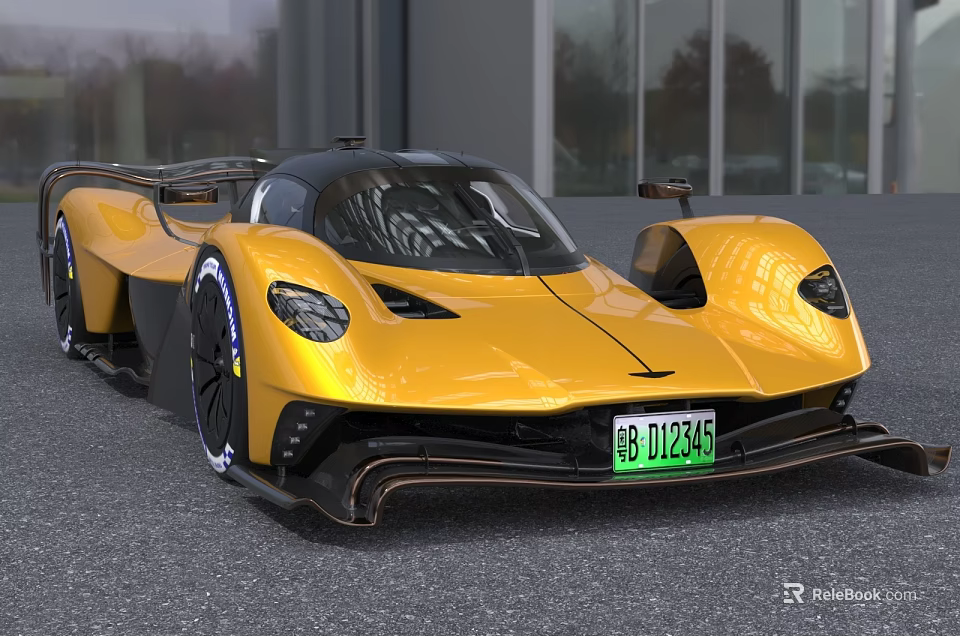 Yellow Modern Supercar With Aerodynamic Body And Green License Plate 3d model 