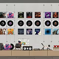 Headphones and Speakers Display with Vinyl Records and Record Covers on Wall Shelves