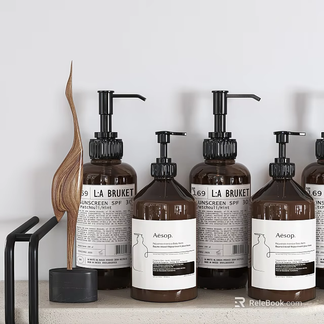 Bathroom Accessories Brown Glass Bottles With Pump Dispensers Brand Labels And Wooden Decor 3d model 