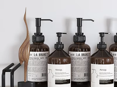 Bathroom Accessories Brown Glass Bottles With Pump Dispensers Brand Labels And Wooden Decor 3d model