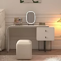 Modern White Dressing Table With Round Mirror Cosmetics Drawers And Stool 3d model