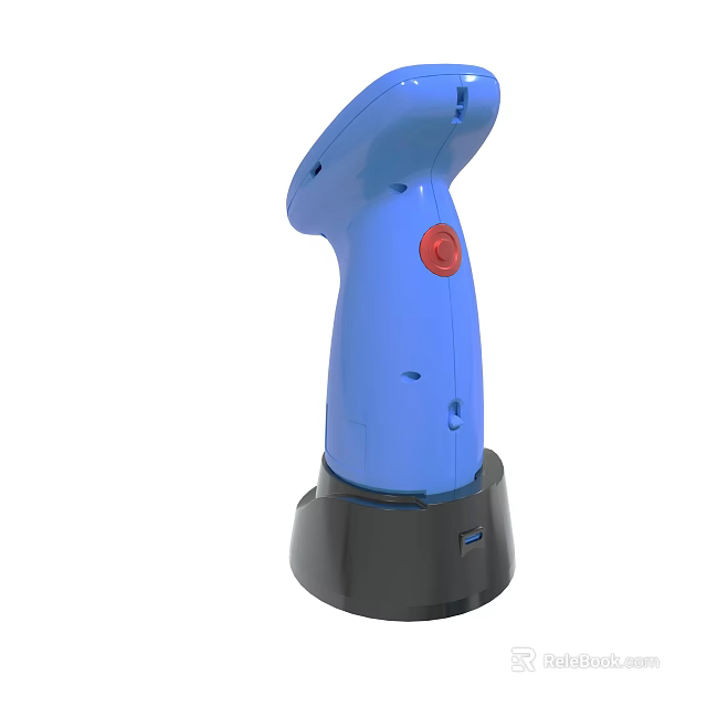 Blue Handheld Barcode Scanner with Red Button and Black Base Design 3d model 