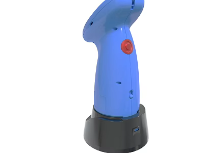 Blue Handheld Barcode Scanner with Red Button and Black Base Design 3d model