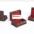 Display Cabinets With Open Wooden Boxes Featuring Red Lining And Carved Details