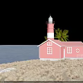 Pink Detached Villa by the Seaside with Two Palm Trees and Red Lighthouse Near Ocean