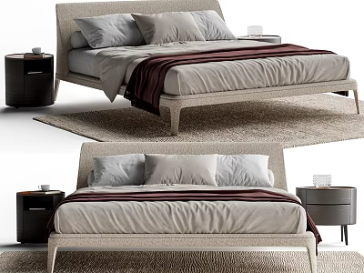 Modern Double Bed With Woven Headboard Gray Pillows Burgundy Blanket Black Nightstands And Textured Rug 3d model