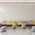 Hospital Outpatient Clinic Waiting Area With Modern Seats Round Tables And Beige Wall Panels