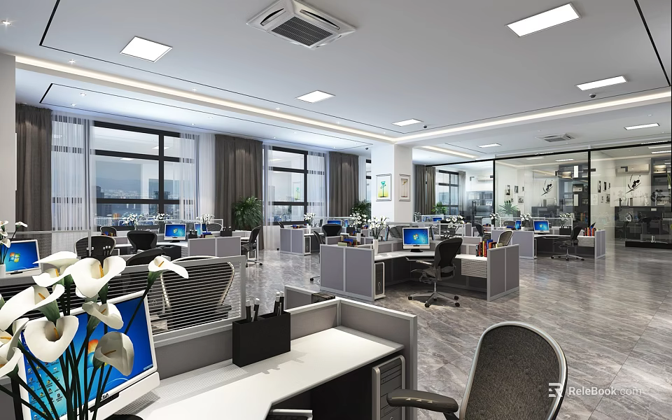 Modern Spacious Office Interior With Workstations Computers Ergonomic Chairs Large Windows And Plants 3d model 