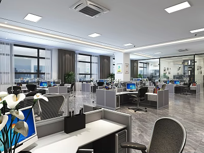 Modern Spacious Office Interior With Workstations Computers Ergonomic Chairs Large Windows And Plants 3d model