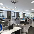 Modern Spacious Office Interior With Workstations Computers Ergonomic Chairs Large Windows And Plants 3d model