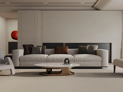 Modern Luxury Living Room With Light Gray Sofa Dark Cushions Round Coffee Table And Red Decorative Ball 3d model