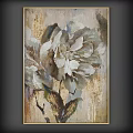 Botanical Painting Of Blooming White And Golden Flower With Leaves And Blue Background