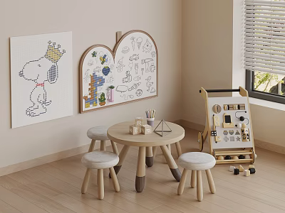 Children Wooden Round Table And Chairs Set With Heart Shaped Whiteboard And Snoopy Painting 3d model