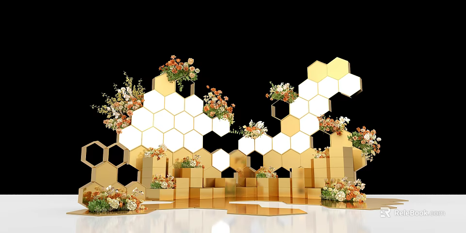 Golden Hexagonal Wedding Decoration Setup With Warm Toned Floral Arrangements And Platforms 3d model 