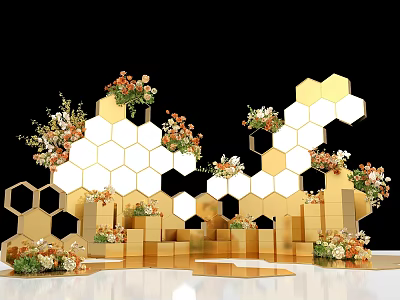 Golden Hexagonal Wedding Decoration Setup With Warm Toned Floral Arrangements And Platforms 3d model